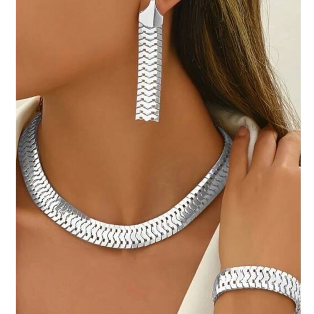 Stainless Steel Chunky Herringbone Set Gold & Silver Necklace Bracelet Earrings